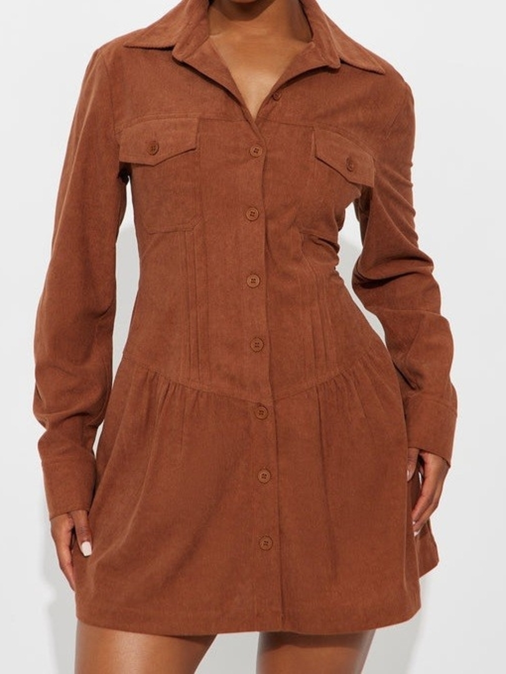 Brown Cordoroy Button-Front Shirt Dress